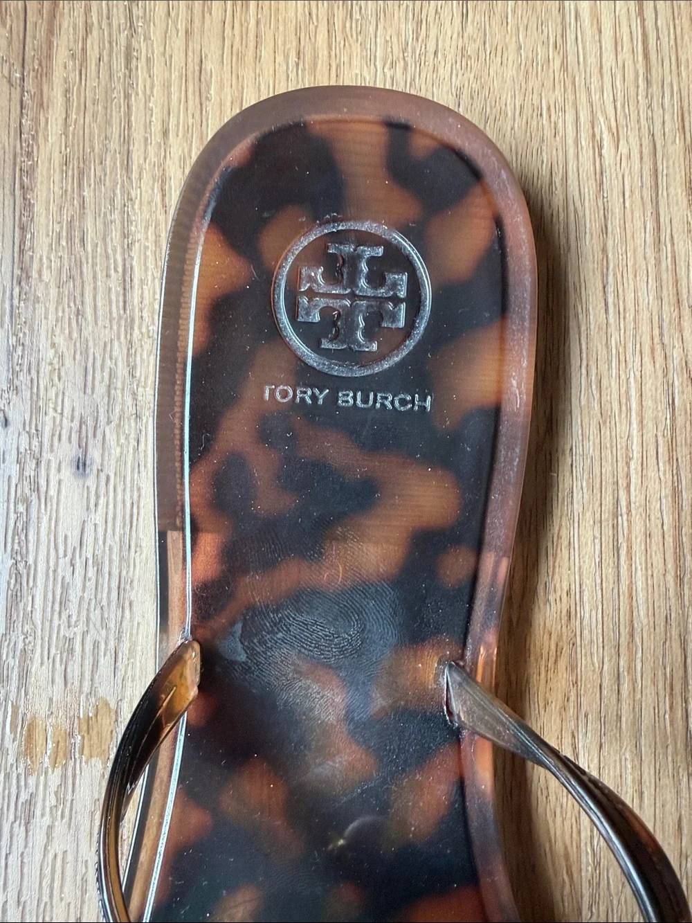 Tory Burch Miller Jelly Sandals Tortoise Brown Gold Logo Thong Flip Flops